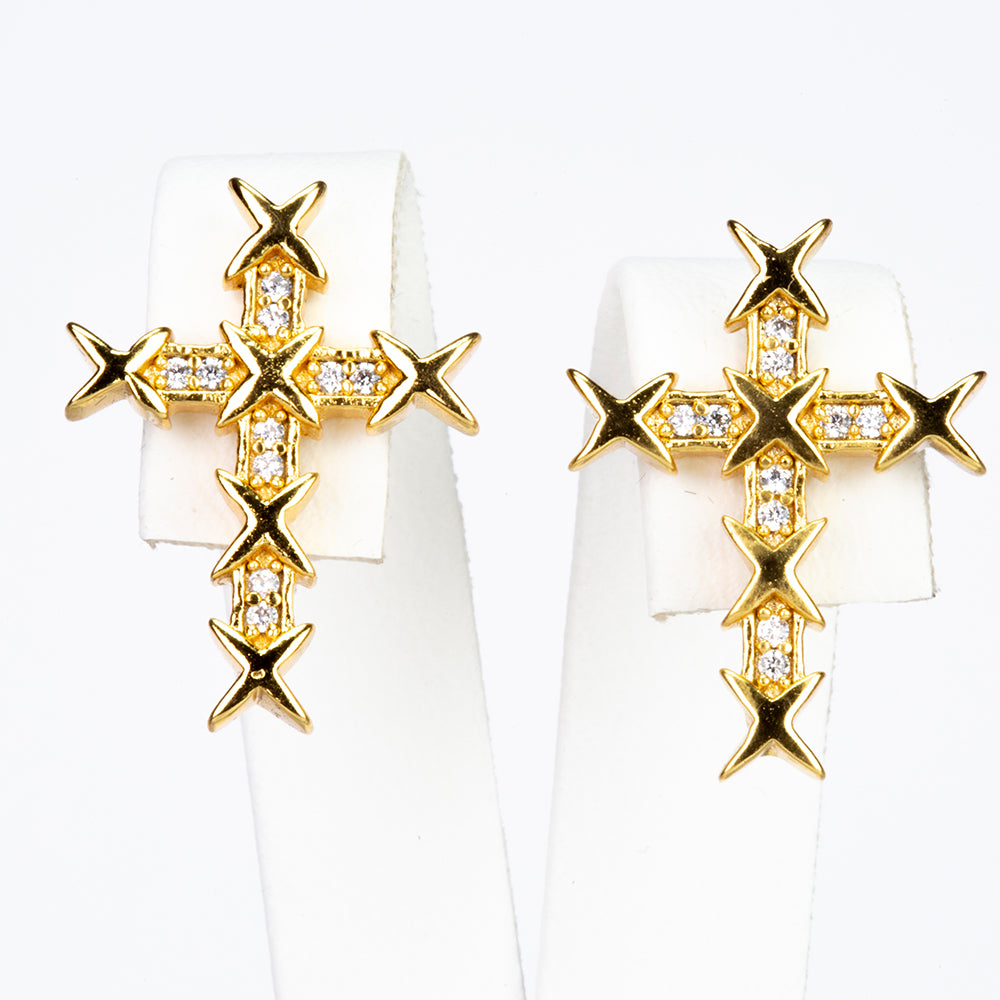 Cruz Conjunto de Aleación Bañado en Oro con Cristal Emporia® Blanco ( Collar +Pendientes +Colgante ) 3 
