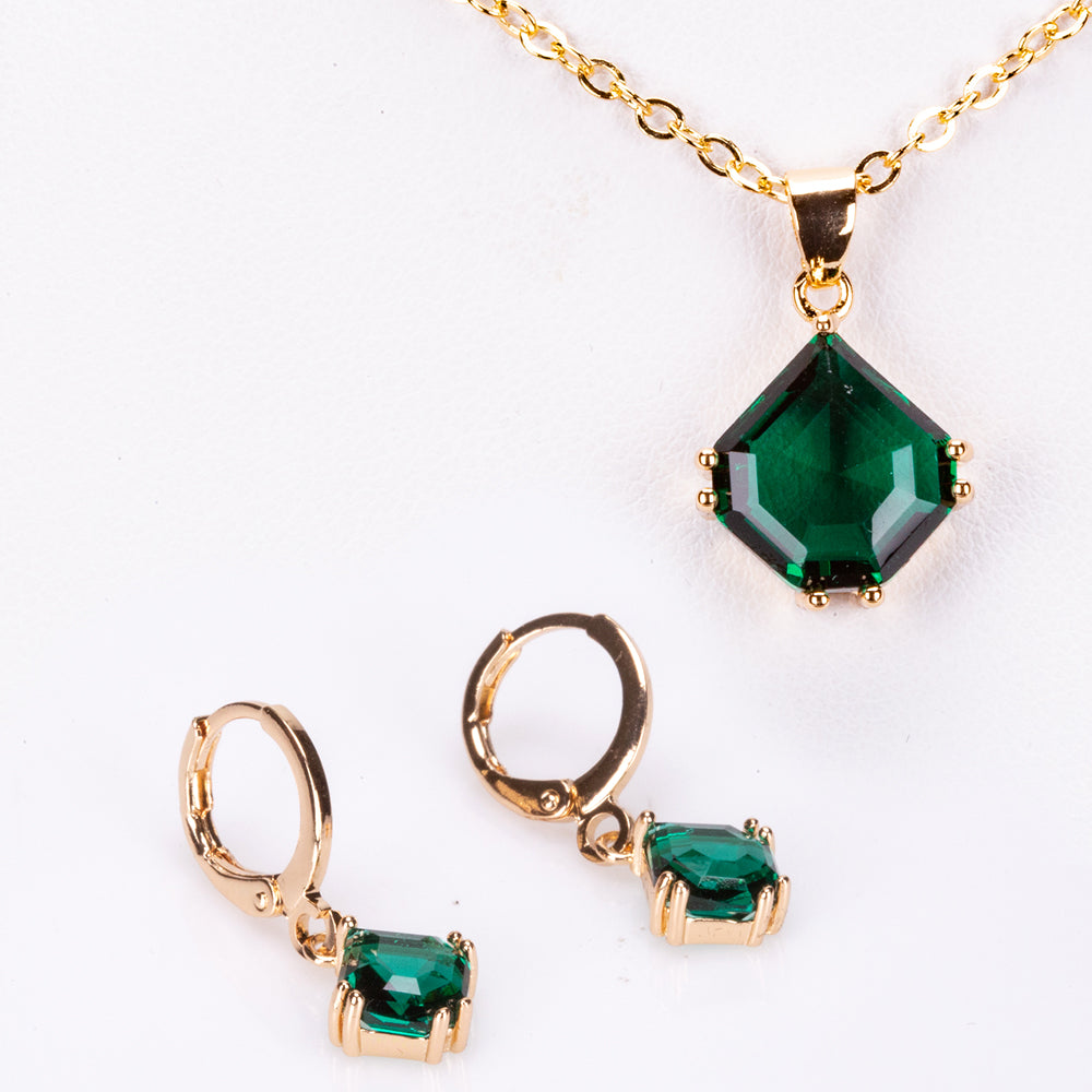 CONJUNTO de 3 pendientes chapados en oro + 3 piezas de REGALO: Collar chapado en oro con cristales Emporia® verdes, rojos y azules