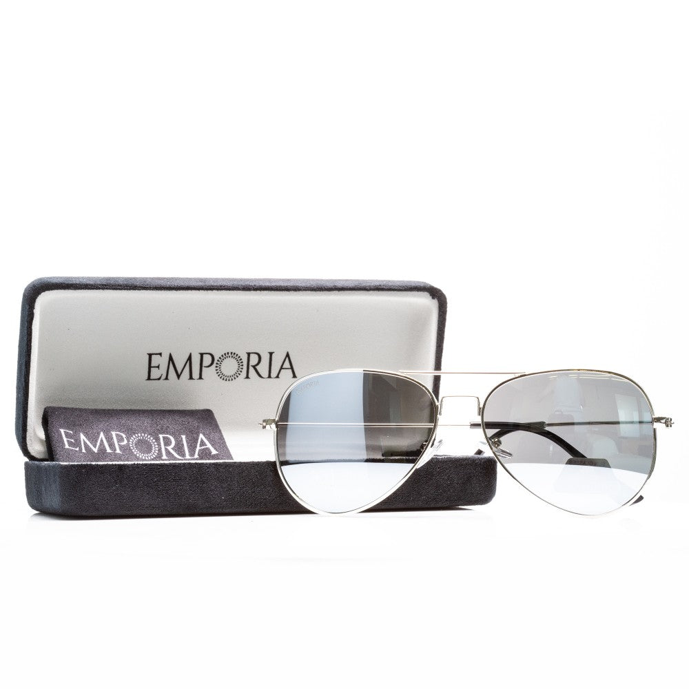 Emporia Italy - Gafas de sol piloto "CRISTAL", gafas de sol polarizadas con filtro UV con estuche y paño de limpieza, lentes cromo-plata, montura plateada
