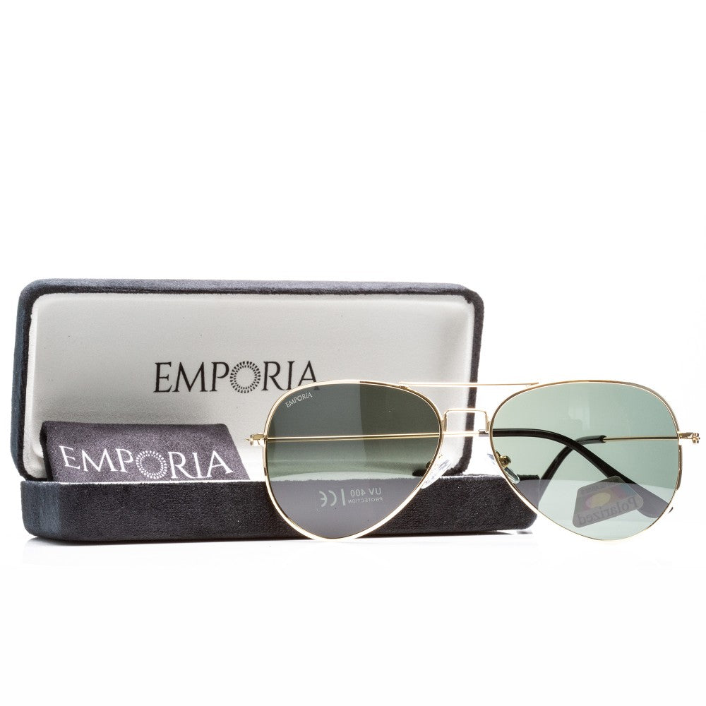 Emporia Italy - Gafas de sol piloto "ORIGINAL", gafas de sol polarizadas con filtro UV con estuche y paño de limpieza, lentes clásicas verde oscuro, montura dorada