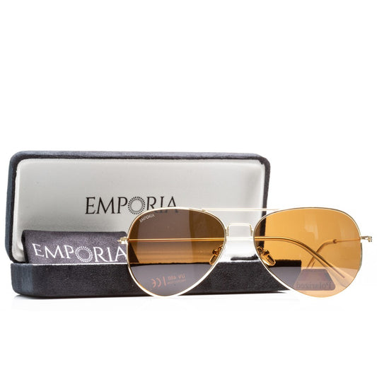 Emporia Italy - Gafas de sol piloto "DESIERTO", gafas de sol polarizadas con filtro UV con estuche y paño de limpieza, lentes marrón claro, montura dorada