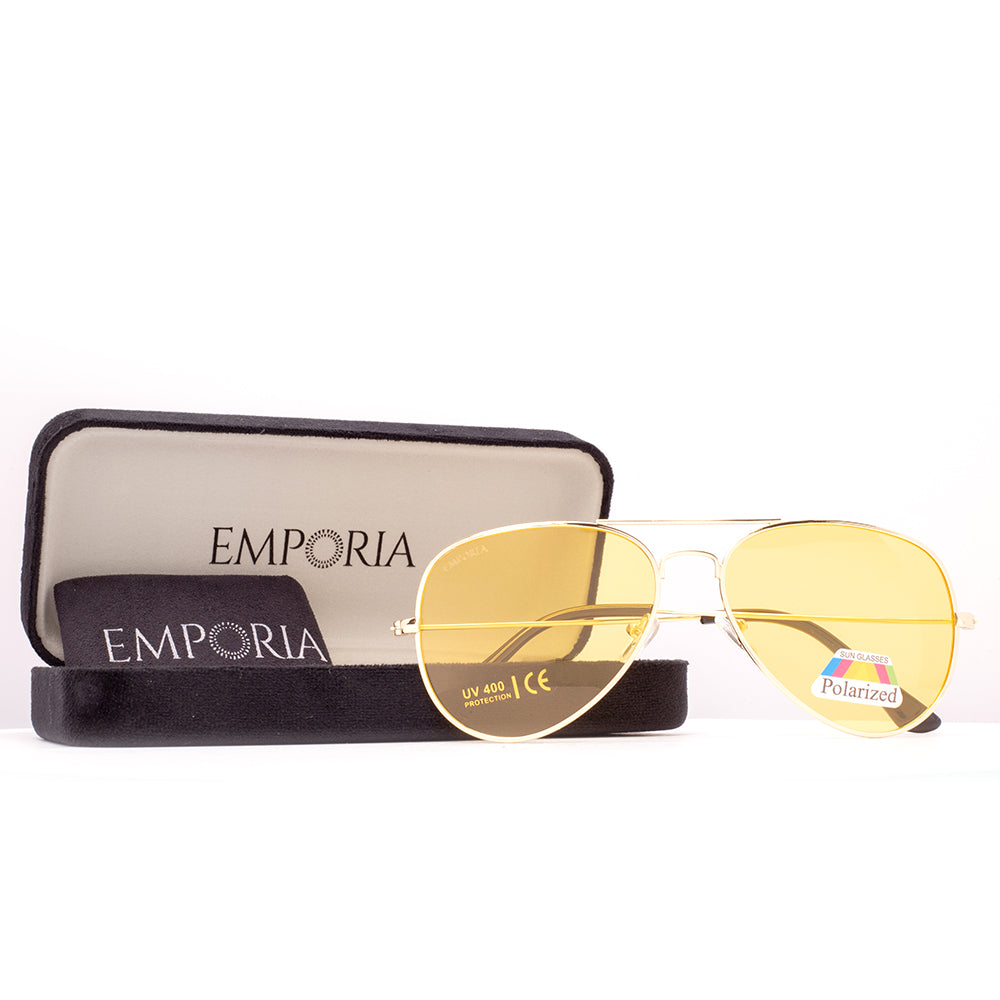 Emporia Italy - Gafas de sol piloto "HOLLYWOOD", gafas de sol polarizadas con filtro UV con estuche y paño de limpieza, lentes amarillas, montura dorada 1 
