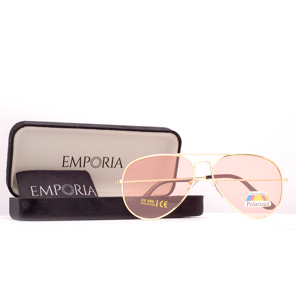 Emporia Italy - Gafas de sol piloto "CARAMELO", gafas de sol polarizadas con filtro UV con estuche y paño de limpieza, lentes de color rosa, montura dorada 1 