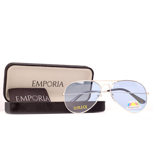 Emporia Italy - Gafas de sol piloto "ICE", gafas de sol polarizadas con filtro UV con estuche y paño de limpieza, lentes azul claro, montura plateada