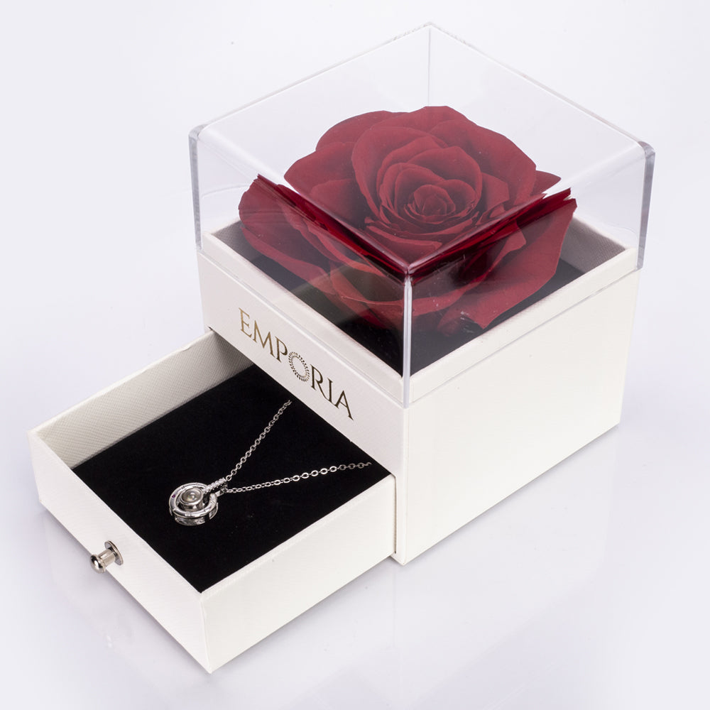 Caja de joyas rosa eterna con collar "I love you"