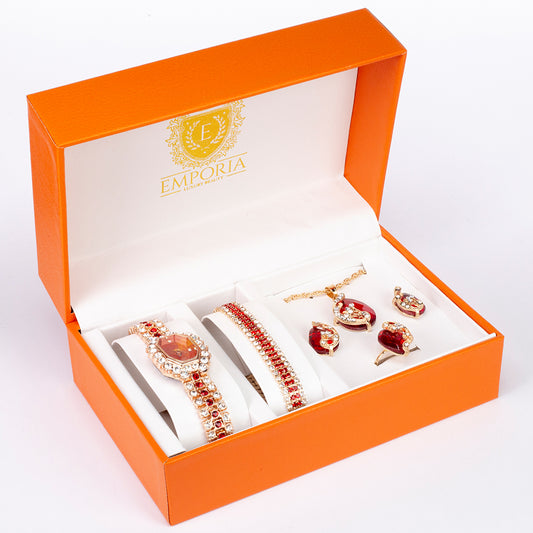 Reloj de Aleación Bañado en Oro con Cristal Emporia® Rojo (Collar +Pendientes +Pulsera +Colgante )