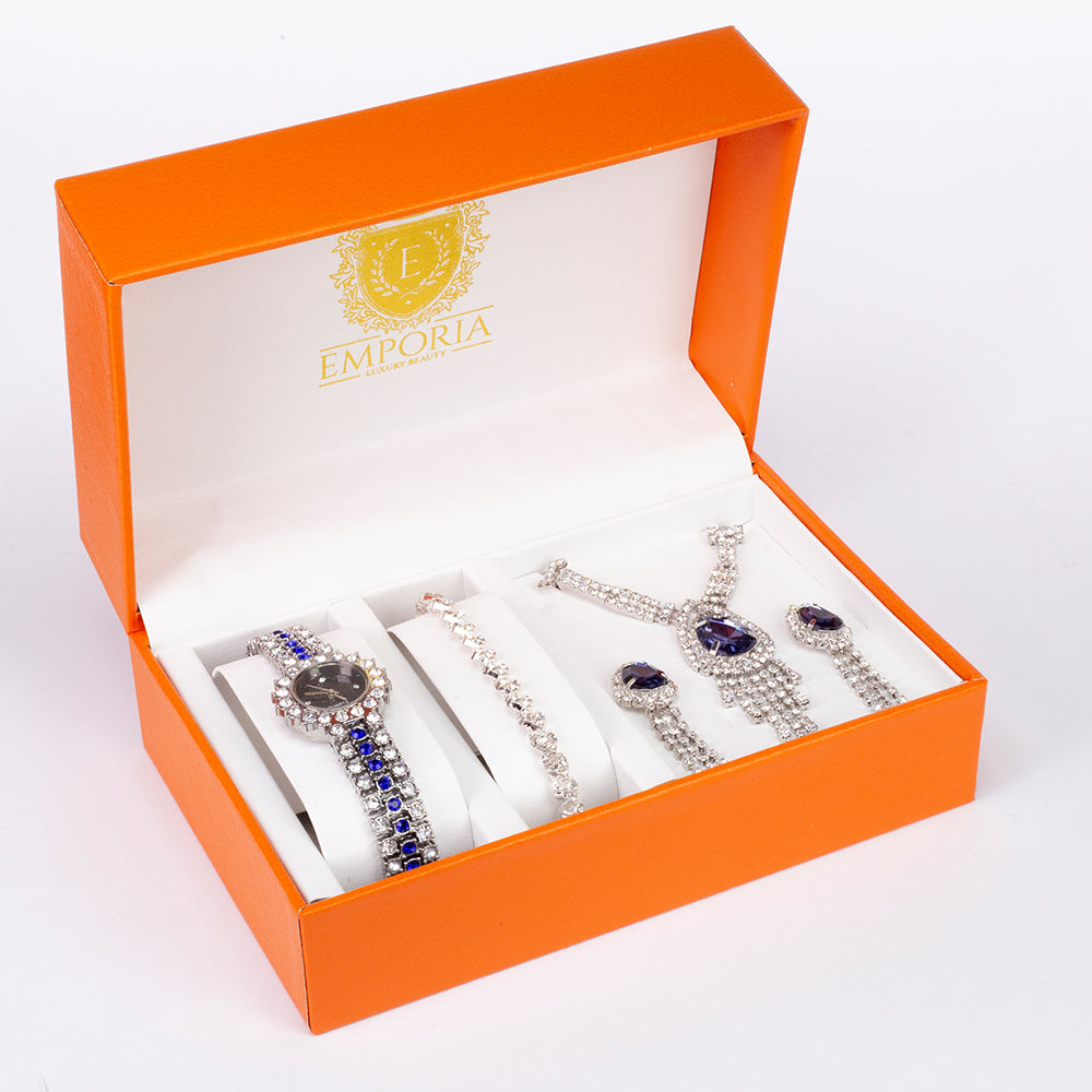 Reloj de Aleación Bañado en Oro con Cristal Emporia® Azul (Collar +Pendientes +Pulsera +Colgante )