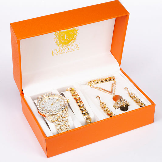 Emporia, set de 5 piezas de joyería de calidad premium que incluye un reloj, un collar, una pulsera, unos pendientes y un anillo en una exclusiva caja de regalo en polipiel