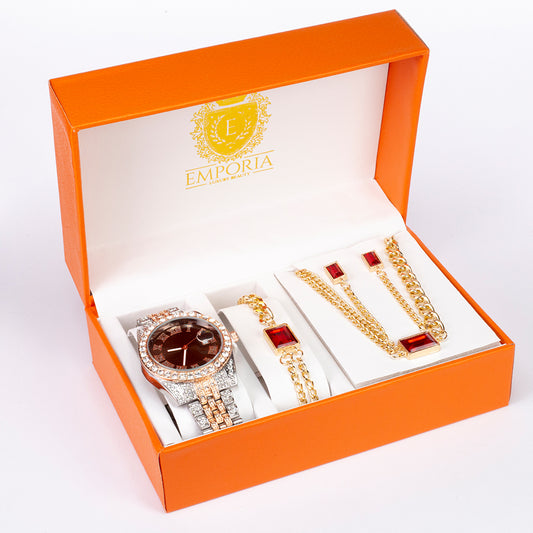 Reloj de Aleación Bañado en Oro con Cristal Emporia® Rojo (Collar +Pendientes +Pulsera +Colgante )