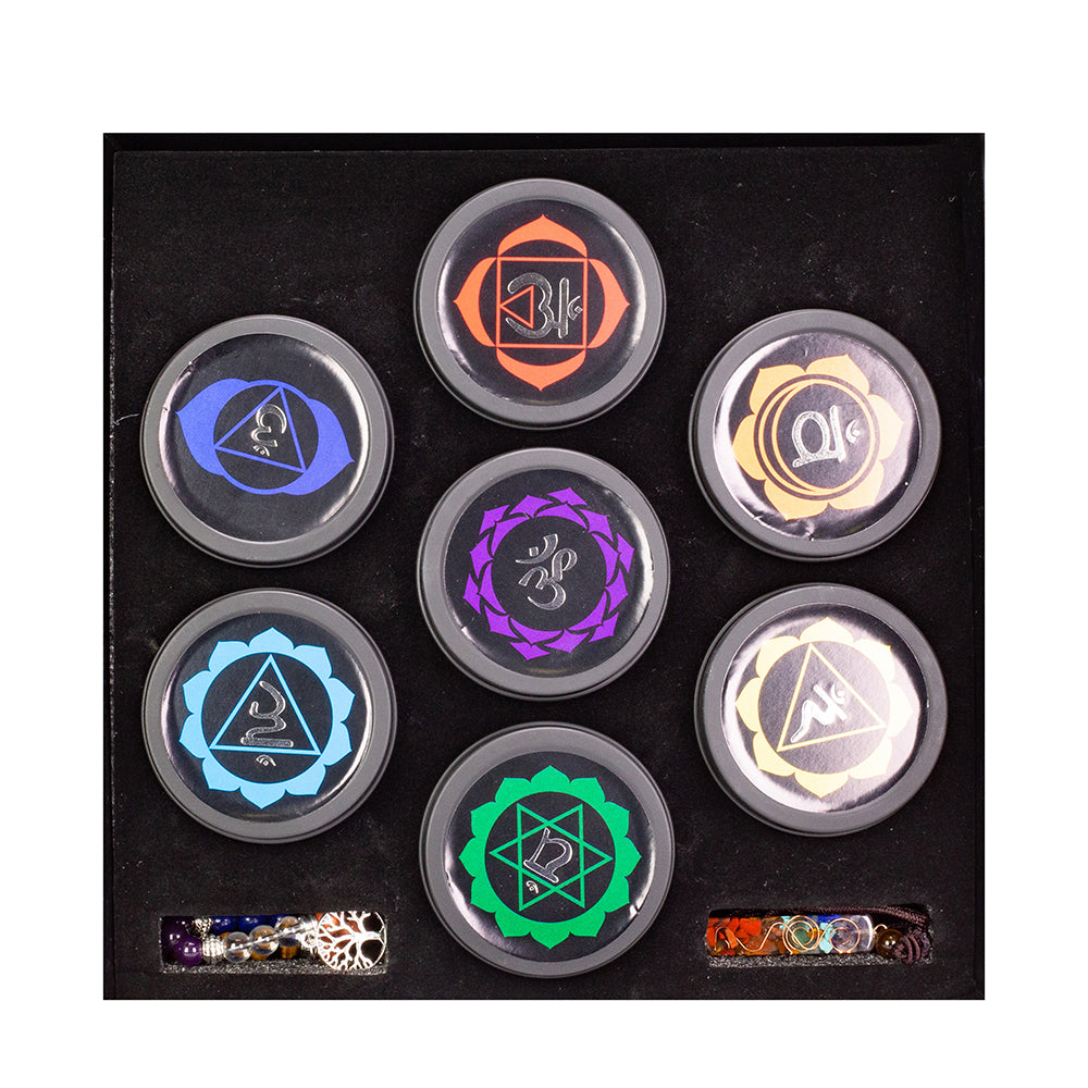 Juego de regalo Emporia de 9 piezas de 7 velas de cristal de chakra, colgante de chakra y pulsera de chakra con amatista, lapislázuli, citrino, aventurina verde, ojo de tigre, jaspe rojo y cuarzo transparente 1 