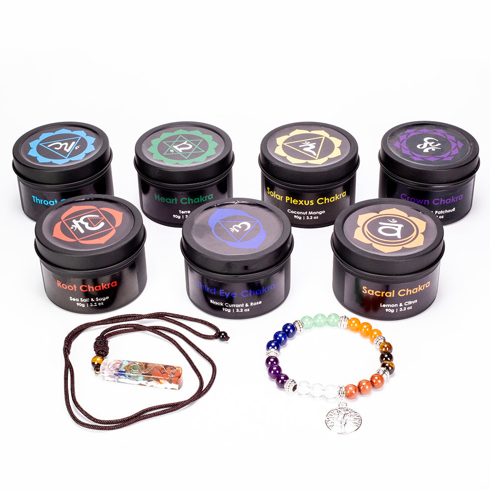 Juego de regalo Emporia de 9 piezas de 7 velas de cristal de chakra, colgante de chakra y pulsera de chakra con amatista, lapislázuli, citrino, aventurina verde, ojo de tigre, jaspe rojo y cuarzo transparente 6 