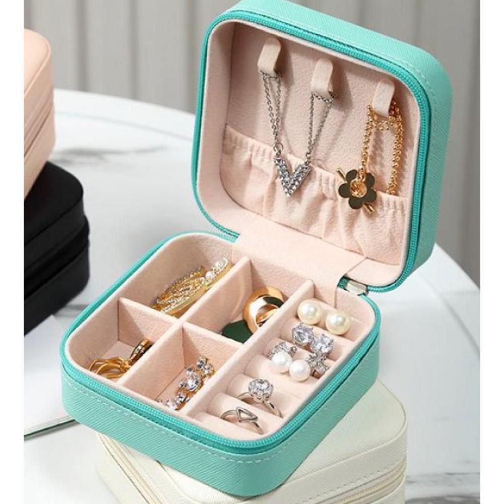 Caja organizadora de joyas de terciopelo y cuero de PU, turquesa