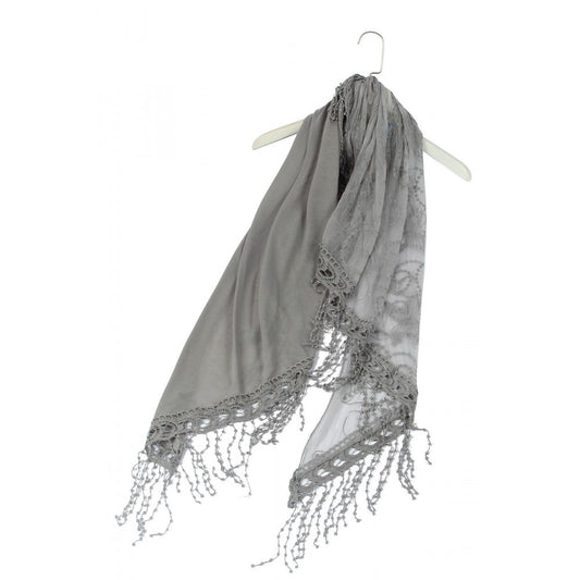 Bufanda-chal trapezoidal de algodón, 80 cm x 198 cm x 70 cm, estampado de encaje de mariposa, gris