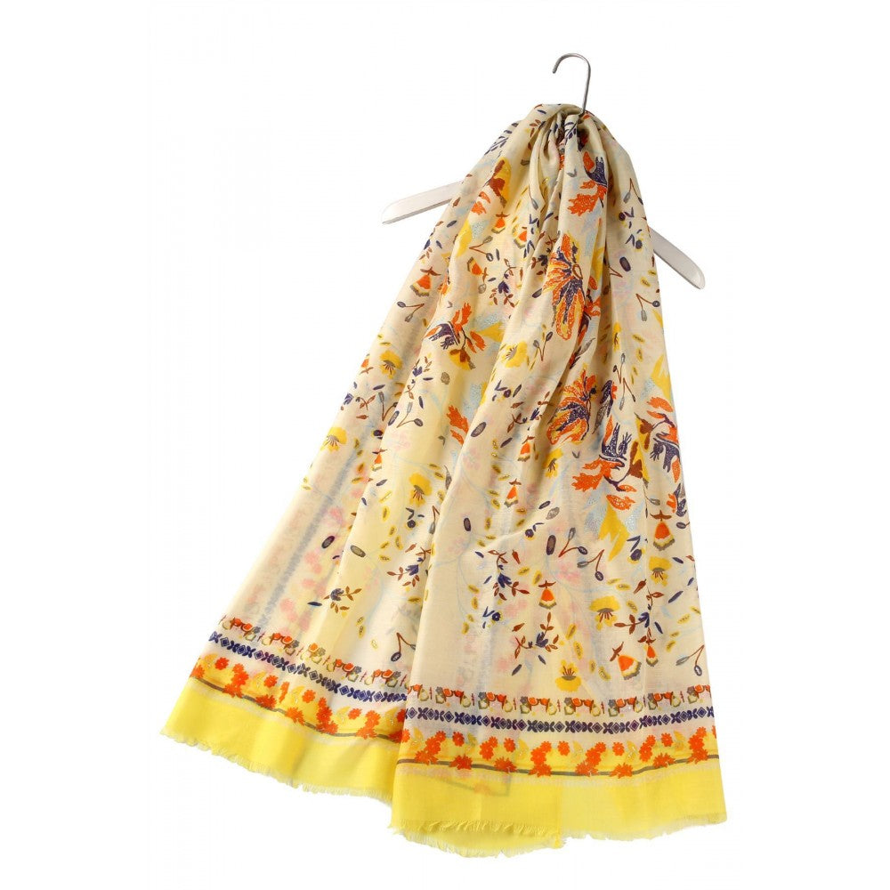 Bufanda-chal amarillo con estampado de flores deshilachadas, estilo folclórico brillante, 90 cm x 180 cm