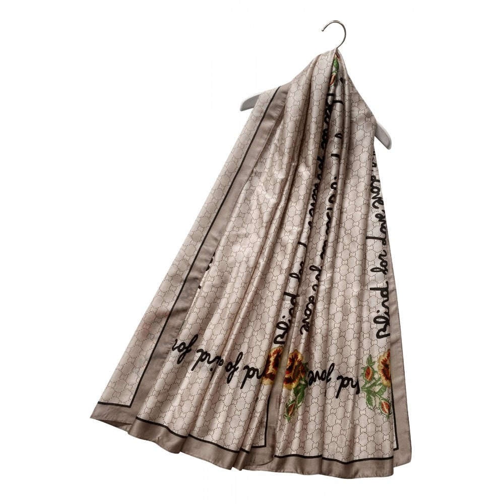 Pañuelo-Chal de seda, 90 cm x 180 cm, perla de diamantes con borde de texto elegante, beige
