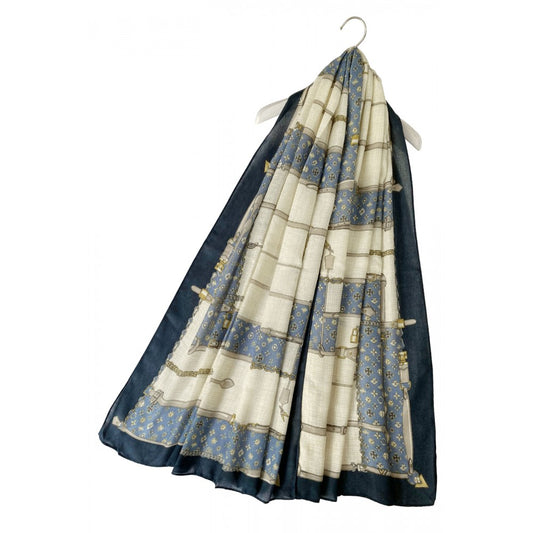 Bufanda-chal de algodón, 85 cm x 180 cm, estampado de hebilla de cinturón de moda, azul