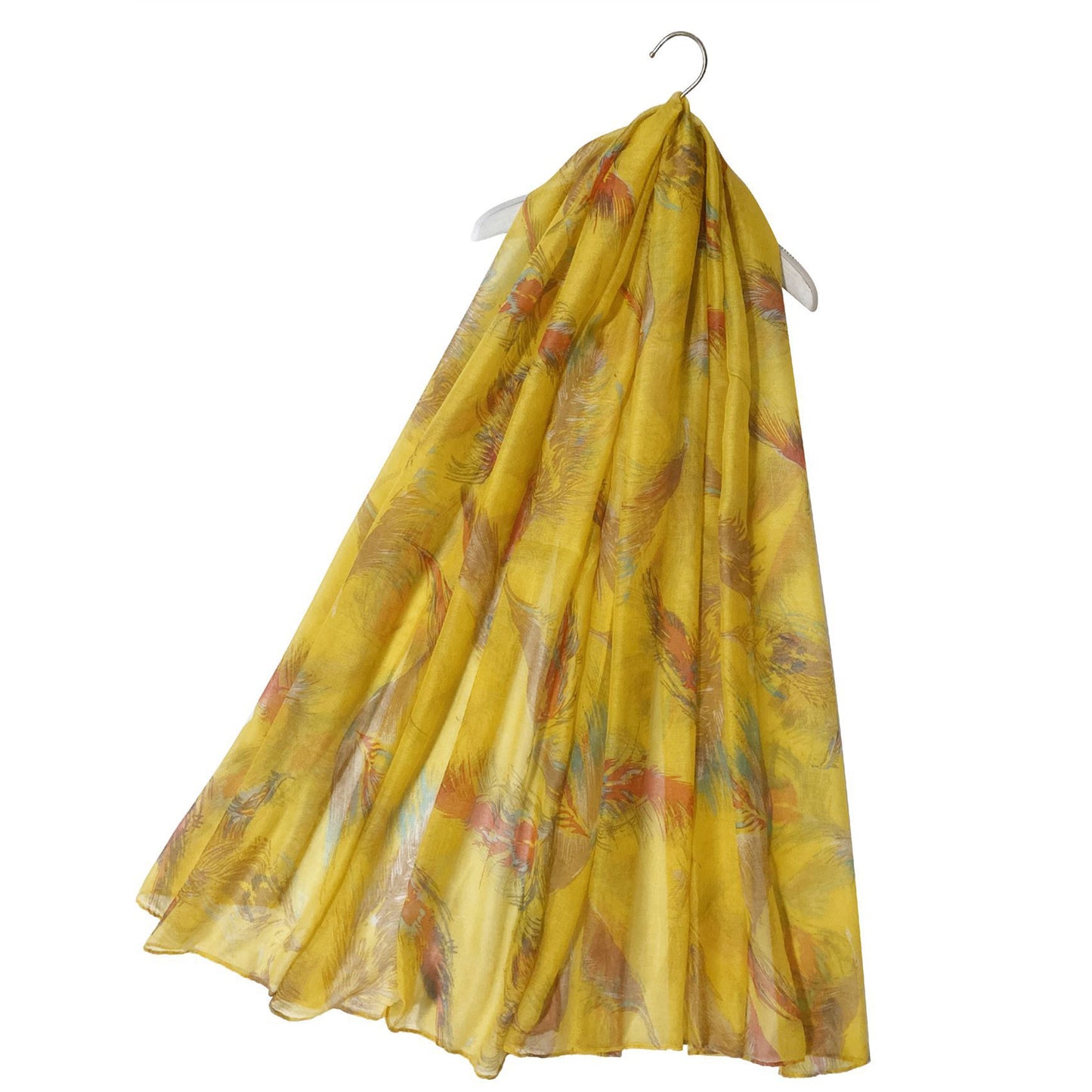 Bufanda-chal amarillo con estampado de plumas flotantes, 90 cm x 180 cm