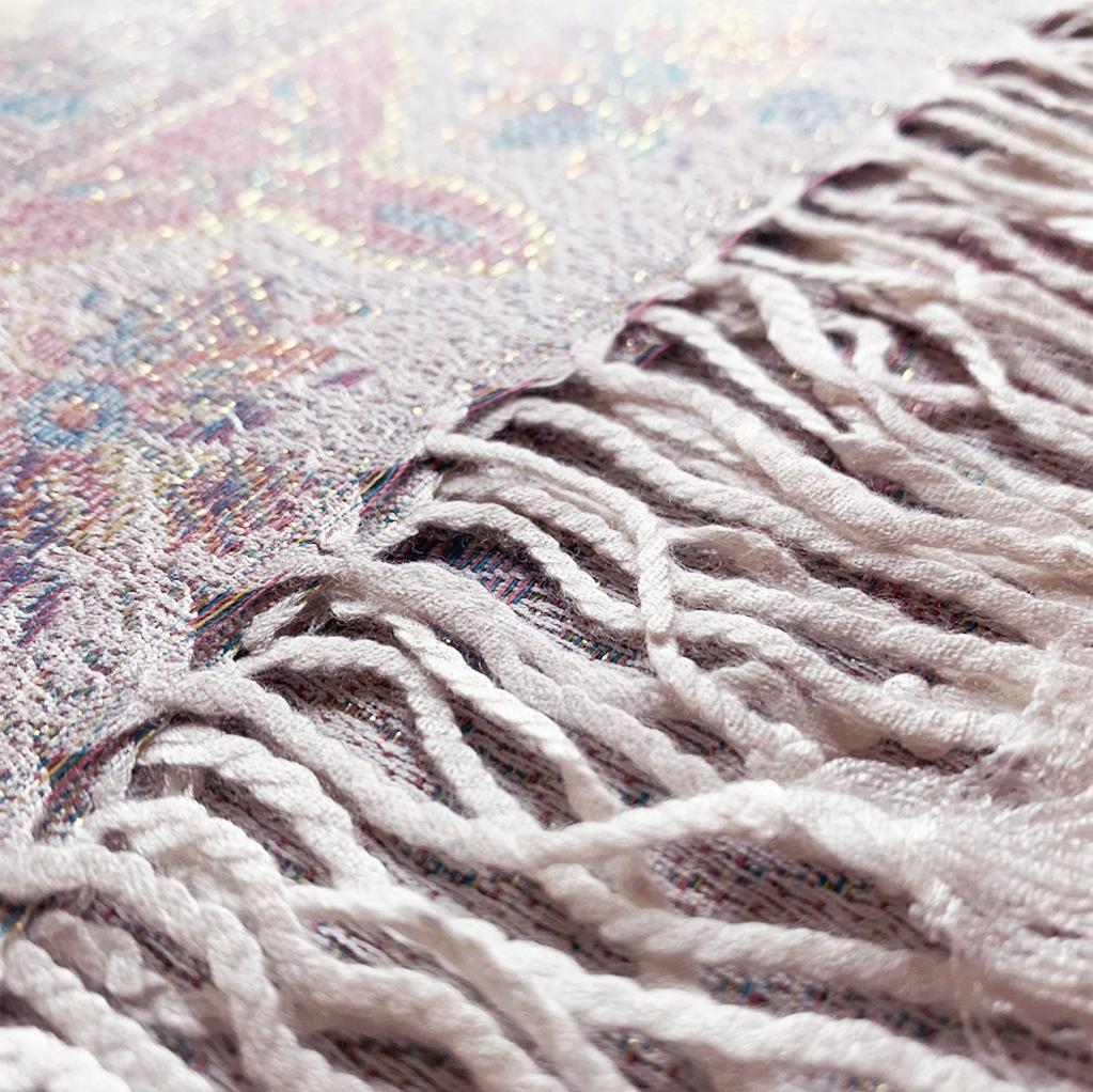 Bufanda de cachemira 100% Pashmina auténtica, 70 cm x 180 cm, Paisley, blanco, rosa, brillante