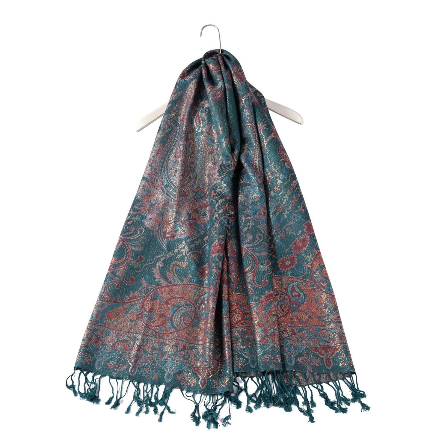 Bufanda de cachemira 100%  Pashmina auténtica, 70 cm x 180 cm, paisley verde azulado, brillante