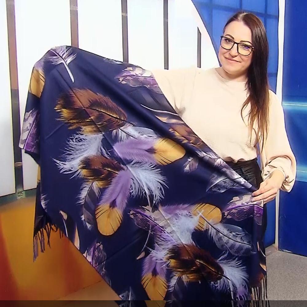 Bufanda de lana, 70 cm x 180 cm, estampado de plumas grandes, azul marino