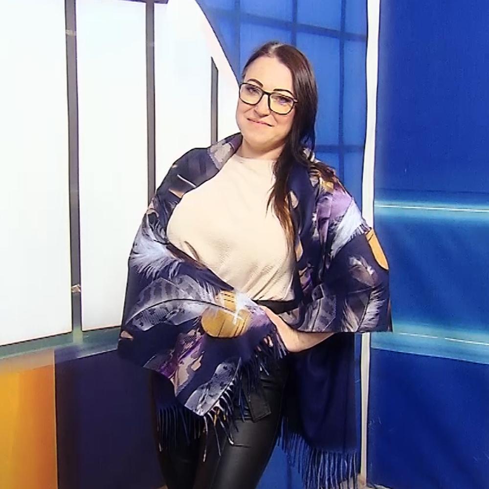 Bufanda de lana, 70 cm x 180 cm, estampado de plumas grandes, azul marino