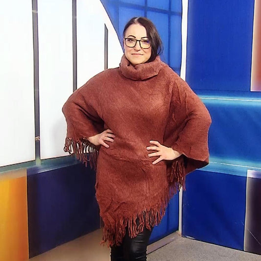 Poncho de punto con cuello alto, 50 cm x 70 cm x 335 cm, marrón oxidado