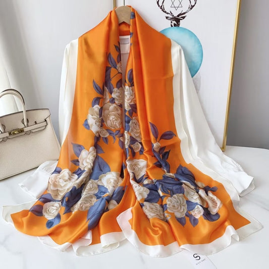Bufanda de seda, 90 cm x 180 cm, flor del amor verdadero, color naranja, 100% seda
