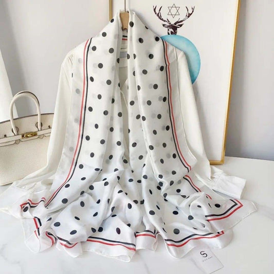 Bufanda de seda, lunares de moda, blanco, 100% seda