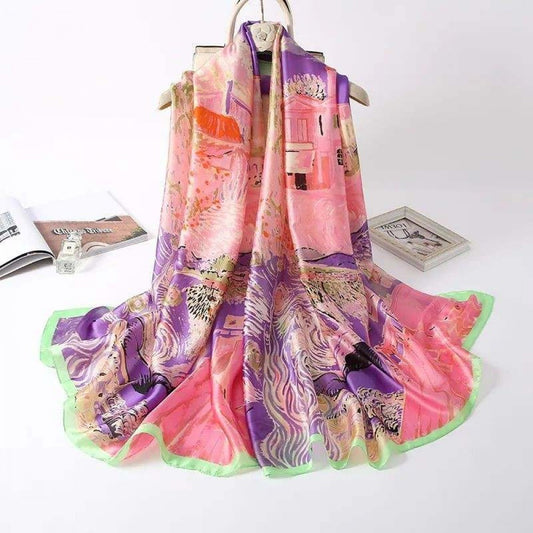 Bufanda de seda, 90 cm x 180 cm, casa de campo de ensueño, rosa, 100% seda