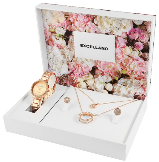 Juego de regalo de reloj Excellanc: reloj y collar para mujer + pendientes, tono oro rosa EX0427, color oro rosa, movimiento de cuarzo de alta calidad, color de la esfera oro rosa