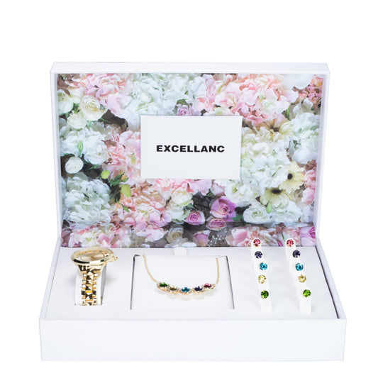 Excellanc Set de regalo para mujer con 5 pares de pendientes y 1 collar, cristales Emporia multicolor, dorado