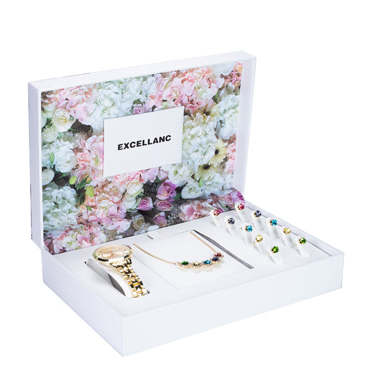 Excellanc Set de regalo para mujer con 5 pares de pendientes y 1 collar, cristales Emporia multicolor, dorado