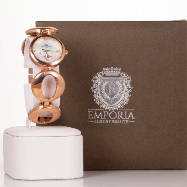 Reloj de aleación para mujer AW color oro rosa con correa de símbolo sin fin y 4 cristales de cuarzo 2 