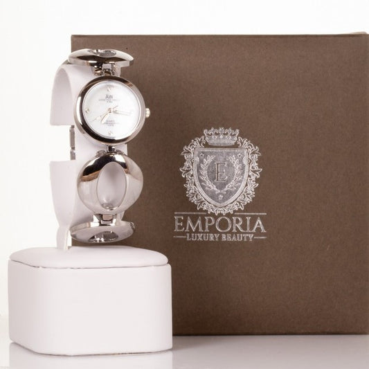 AW Reloj AW de aleación de color plata para mujer con correa de símbolo sin fin y 4 cristales de cuarzo