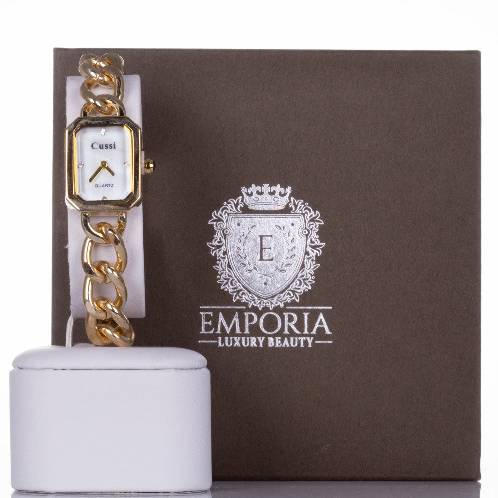 Reloj CUSSI de aleación bañada en Oro para mujer con correa de cadena y 4 cristales de cuarzo. Caja de regalo. 16cm 1 