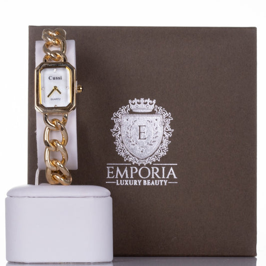 Reloj CUSSI de aleación bañada en Oro para mujer con correa de cadena y 4 cristales de cuarzo. Caja de regalo. 16cm