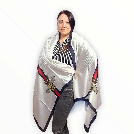 Bufanda-Mantón de Seda, 90 cm x 180 cm, Abeja de Moda con Borde, Crema