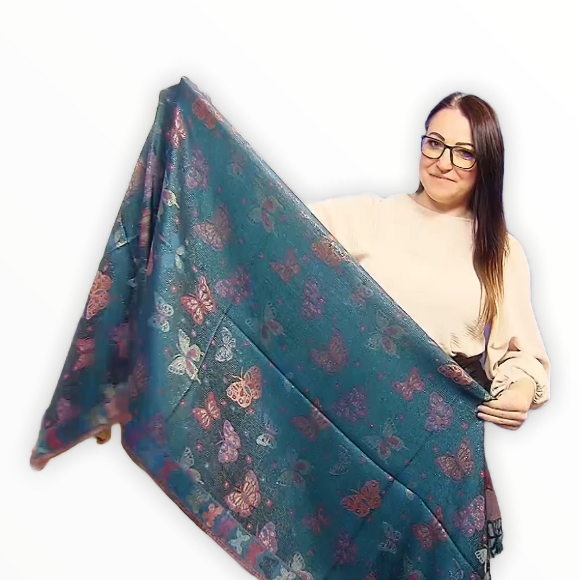 Bufanda de cachemira 100% Pashmina auténtica, 70 cm x 170 cm, verde azulado brillante con estampado de mariposas 1 