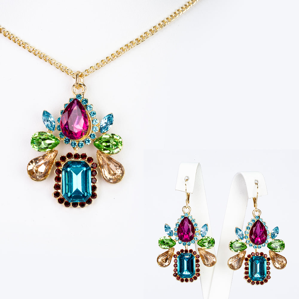 Conjunto de Aleación Bañado en Oro con Cristal Emporia® Rojo y Cristal Emporia® Azul ( Collar +Pendientes +Colgante ) 2 