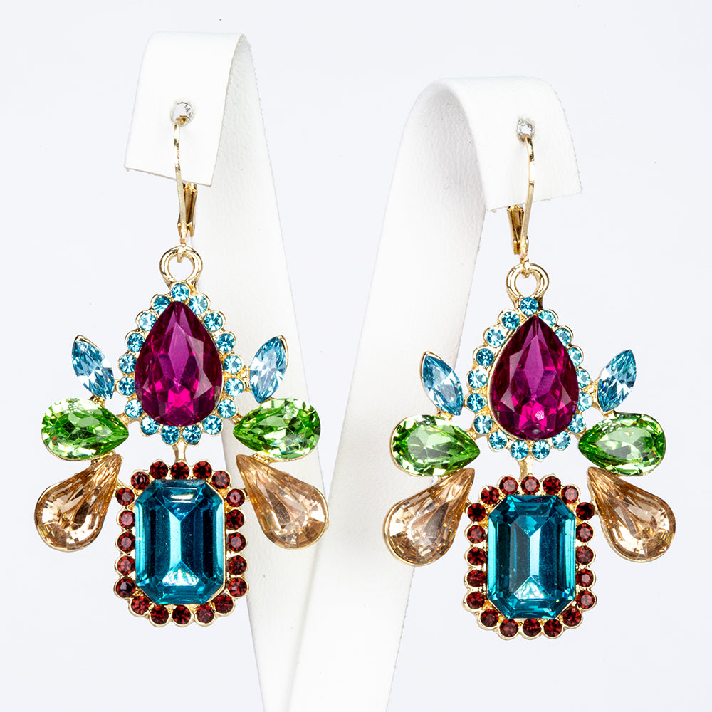 Conjunto de Aleación Bañado en Oro con Cristal Emporia® Rojo y Cristal Emporia® Azul ( Collar +Pendientes +Colgante ) 3 
