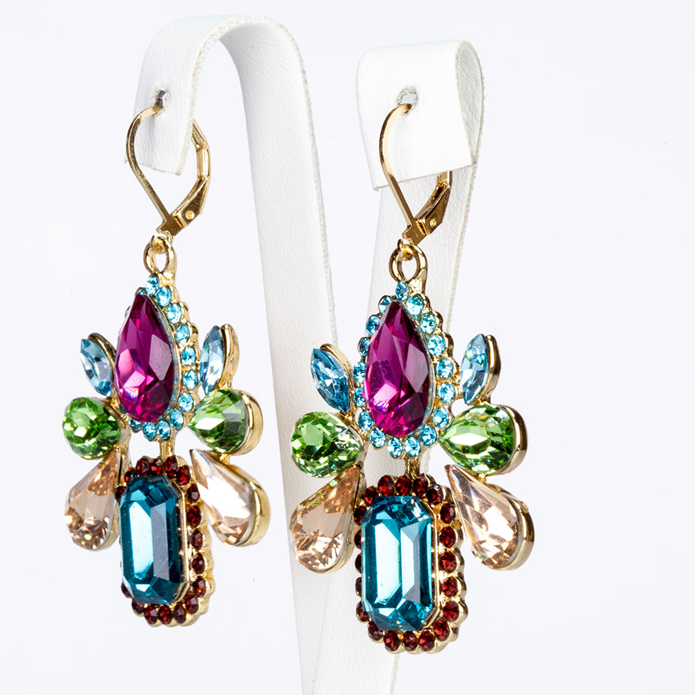Conjunto de Aleación Bañado en Oro con Cristal Emporia® Rojo y Cristal Emporia® Azul ( Collar +Pendientes +Colgante ) 4 