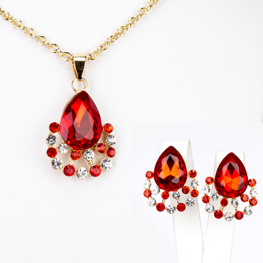 Conjunto de Aleación Bañado en Oro con Cristal Emporia® Rojo y Cristal Emporia® Blanco ( Collar +Pendientes +Colgante )