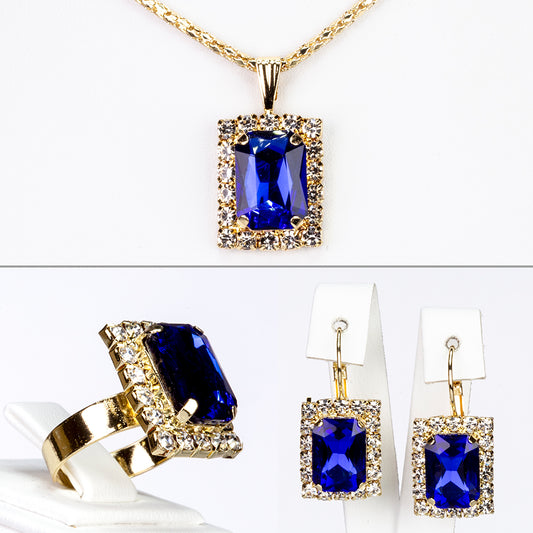 Conjunto de Aleación Bañado en Oro con Cristal Emporia® Azul y Cristal Emporia® Blanco (Collar +Pendientes +Colgante )