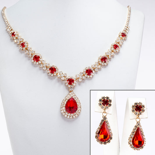 Conjunto de Aleación Bañado en Oro con Cristal Emporia® Rojo y Cristal Emporia® Blanco ( Collar +Pendientes )