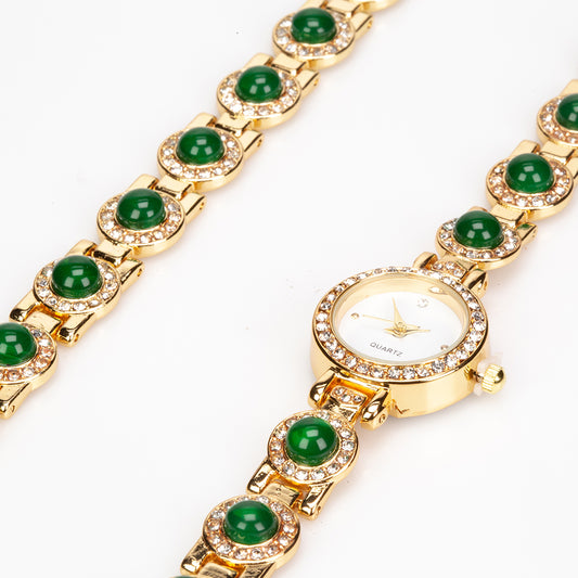 Juego de 2 piezas de aleación chapada en oro Juego de reloj y pulsera de cuarzo con jadeíta del río Marsden y cristales Emporia blancos, esfera blanca