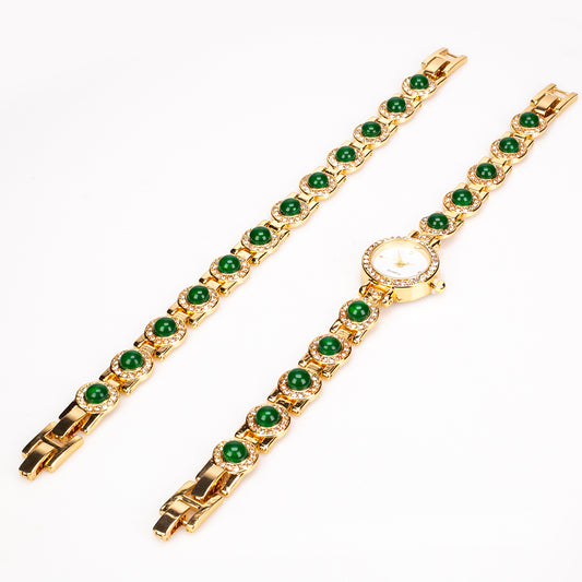 Juego de 2 piezas de aleación chapada en oro Juego de reloj y pulsera de cuarzo con jadeíta del río Marsden y cristales Emporia blancos, esfera blanca