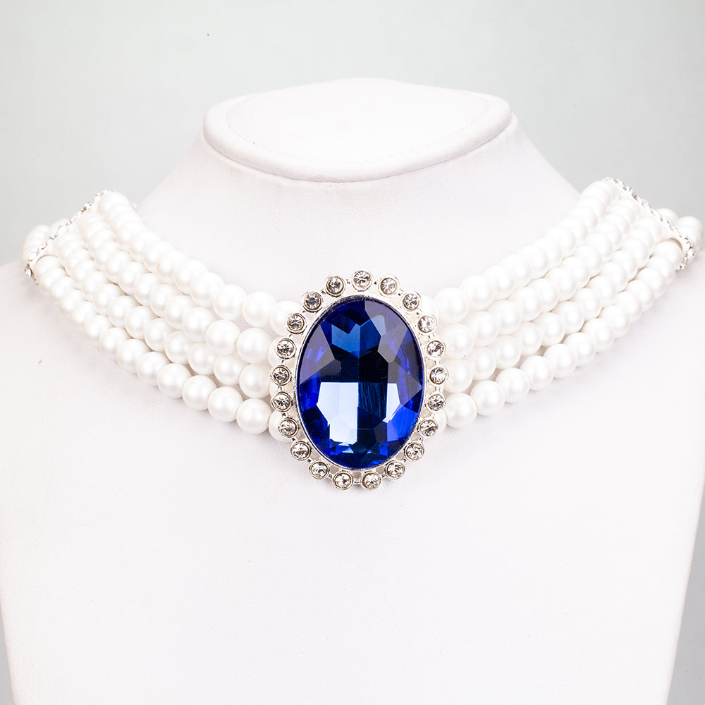 Conjunto de Aleación Bañado en Oro con Perla y Cristal Emporia® Azul (Collar +Pendientes )