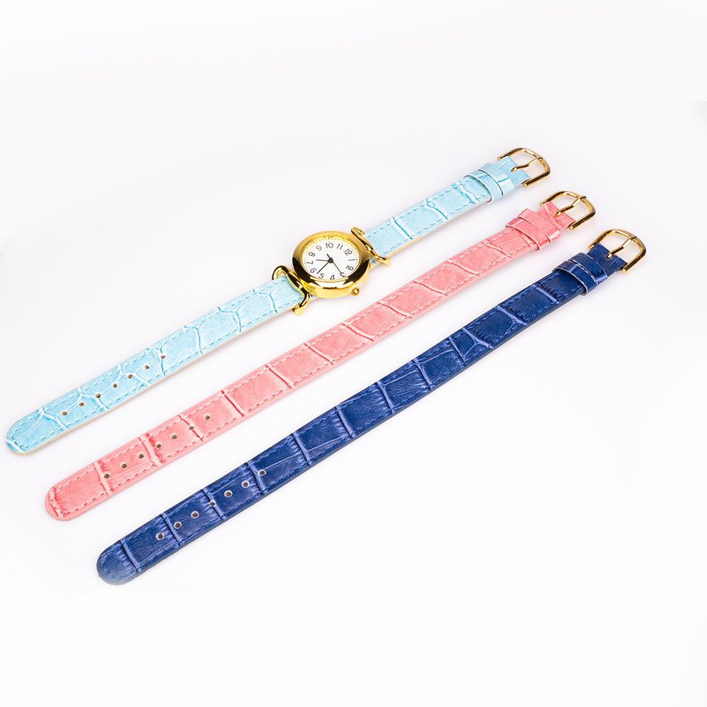 Juego de 3 relojes de pulsera para mujer con correas intercambiables en azul claro, azul oscuro y rosa con esfera dorada