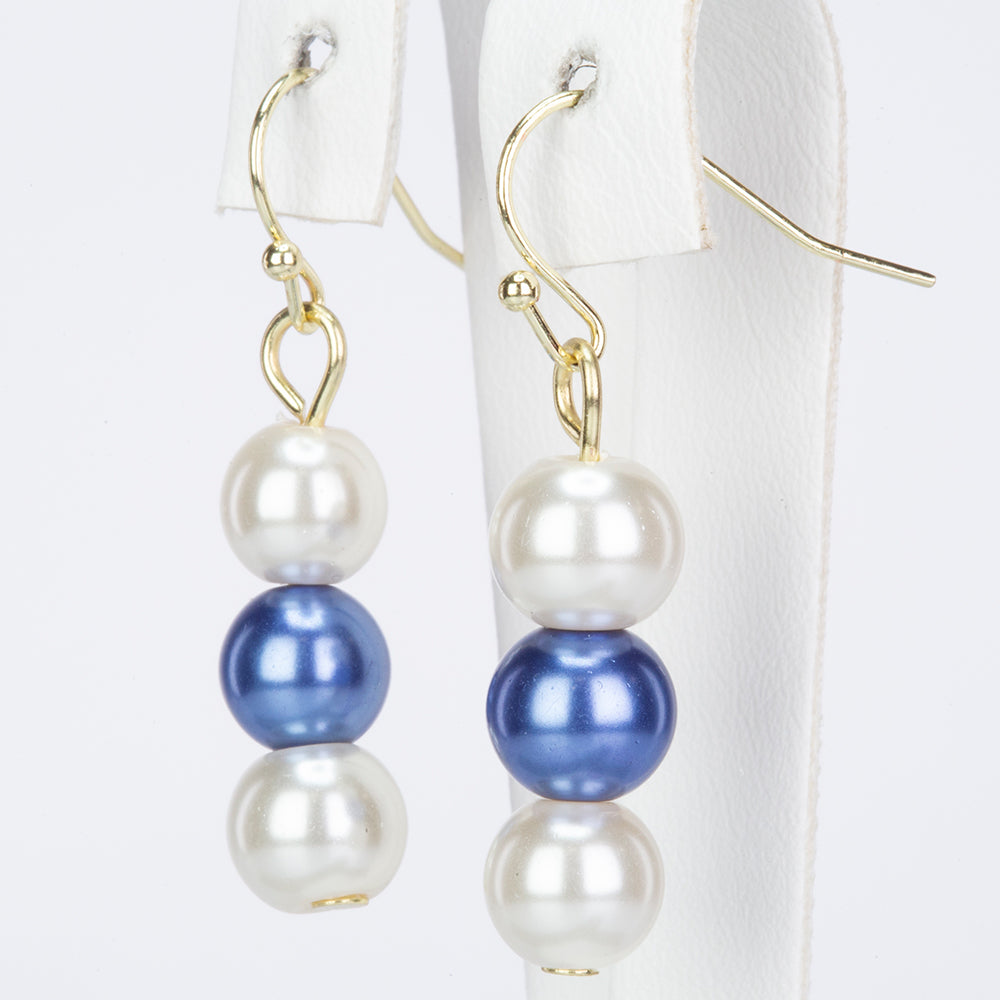 Conjunto de Aleación Bañado en Oro con Perla Blanca y Cristal Emporia® Azul (Collar +Pendientes +Pulsera )