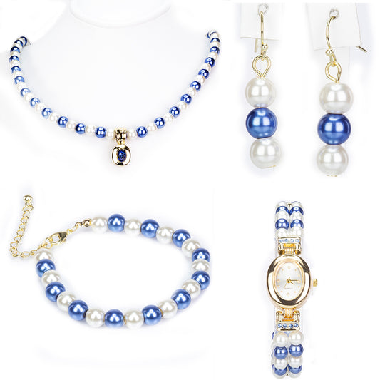 Conjunto de Aleación Bañado en Oro con Perla Blanca y Cristal Emporia® Azul (Collar +Pendientes +Pulsera )